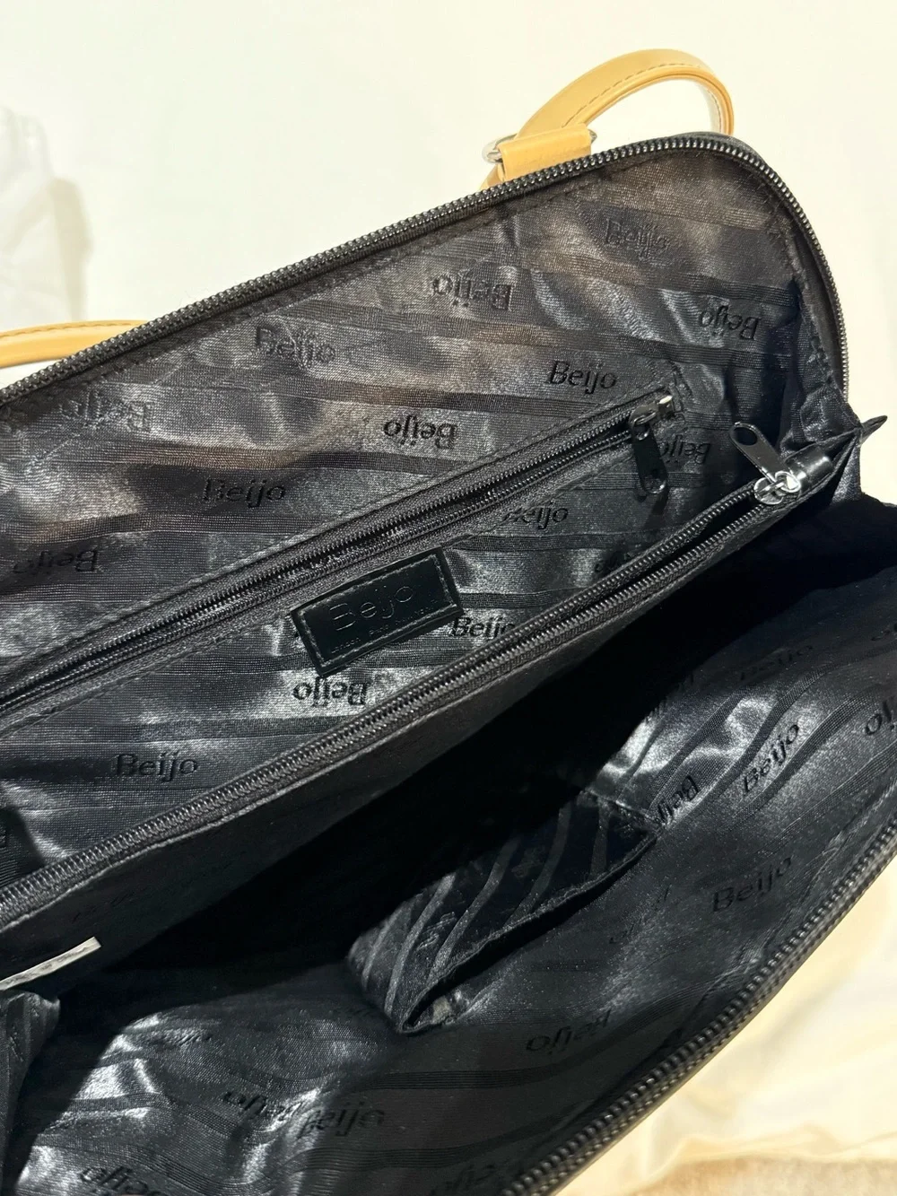 Beijo Black Patent Backpack Tote with Tan Front Pocket and Straps